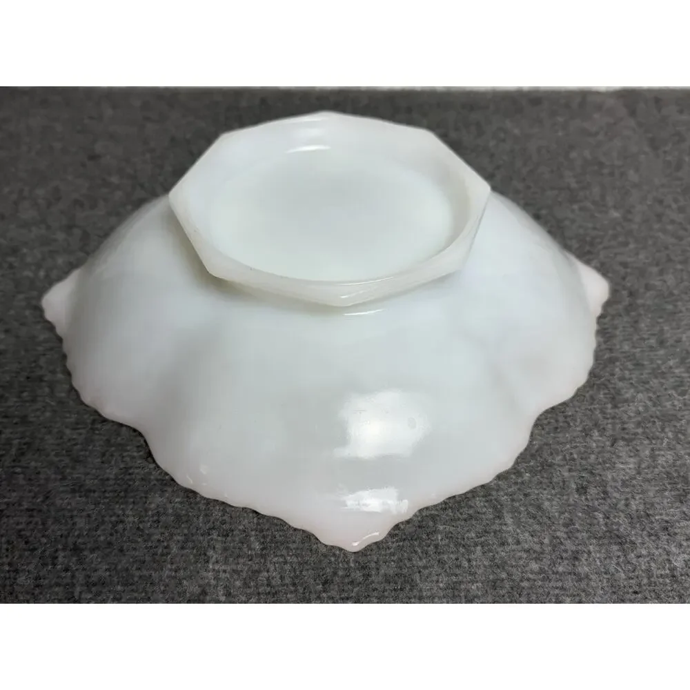 Anchor Hocking White Milk Glass Dish Bowl Embossed Grapes w/Gold Trim - See Chip